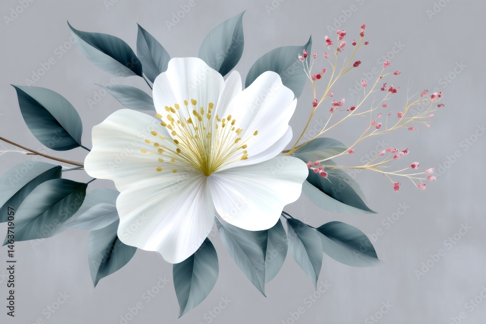 White flower with golden pistils blooming near small red flowers and turquoise leaves White flower with golden pistils blooming near small red flowers and turquoise leaves