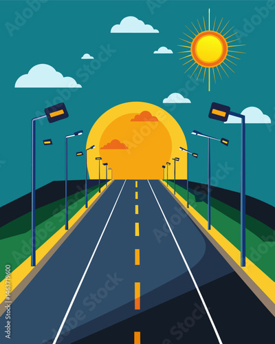 As the sun rises the solarpowered highway lights automatically switch off conserving energy and reducing costs while still providing safe travel for early morning commuters.. Vector illustration