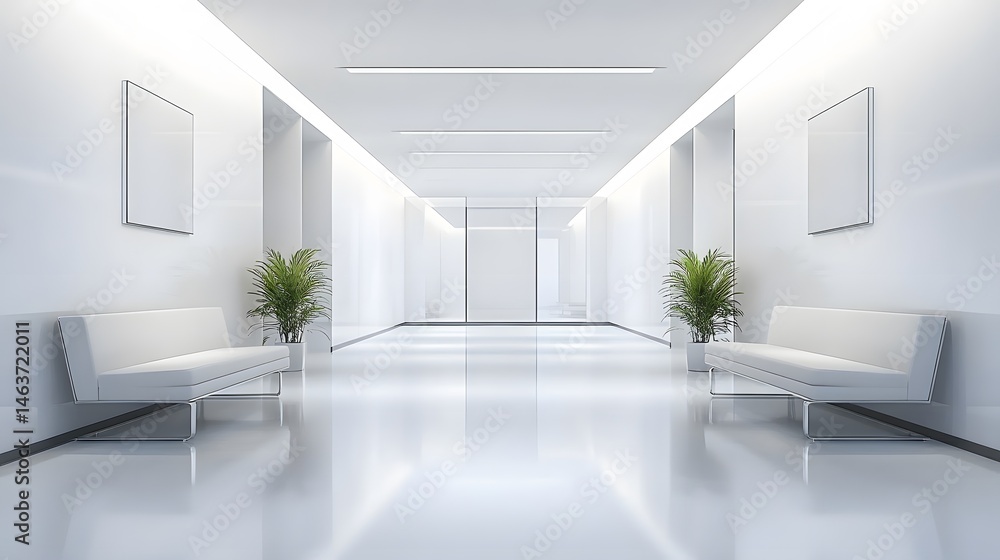 Fototapeta premium Empty, modern hallway with minimalist white furniture.