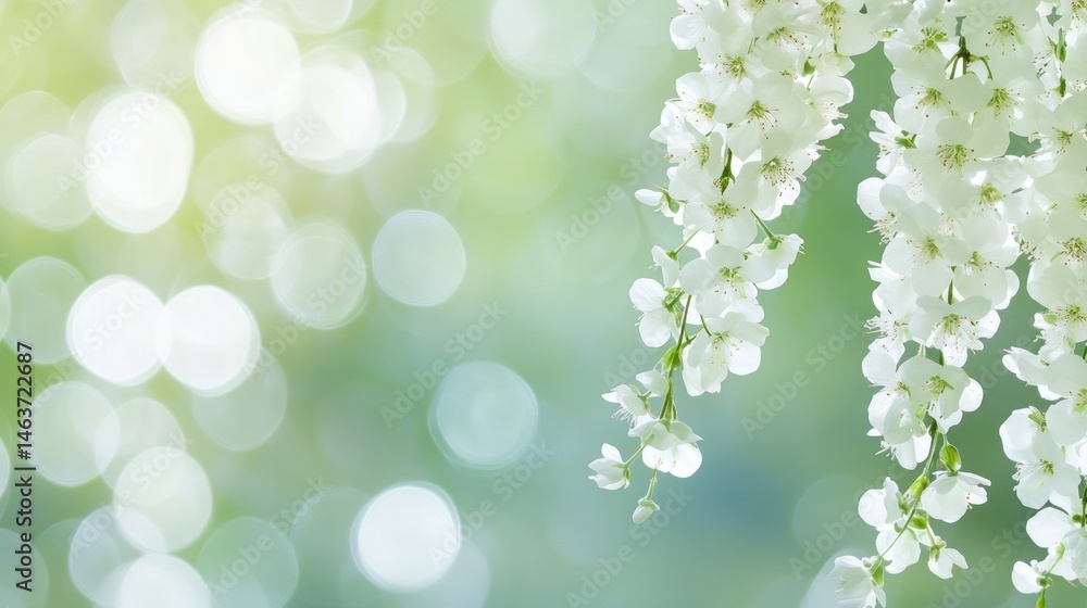 White blossoms cascading in soft green springtime blurred background White blossoms cascading in soft green springtime blurred background