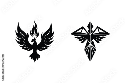 Two black phoenix birds in artistic styles representing rebirth and transformation