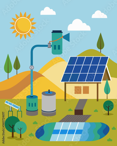 Solar water pumps are installed in droughtaffected areas providing clean water for both human consumption and agricultural purposes.. Vector illustration