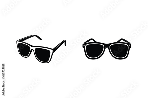 Black and white vector illustration of two classic sunglasses in different perspectives
