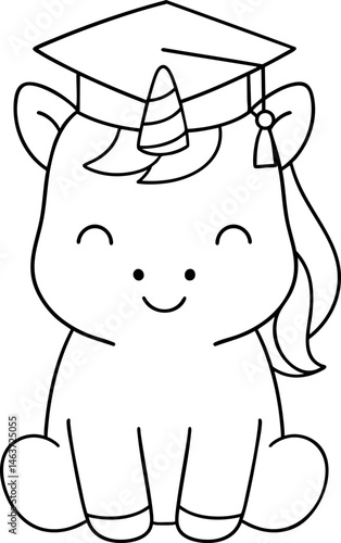 Cute unicorn wearing graduation cap, symbolizing achievement and celebration