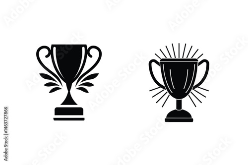 Two black and white vector illustrations of trophy cup awards and symbols for achievement