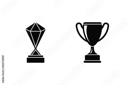 Black and white trophy icons representing achievement success and winning concepts