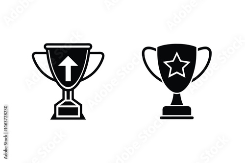 Black and white trophy icons representing achievement and recognition on white background