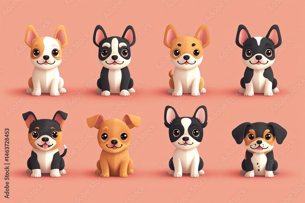 Obraz premium Adorable Cartoon Puppies French Bulldog Corgi and More Cute Dog Illustrations