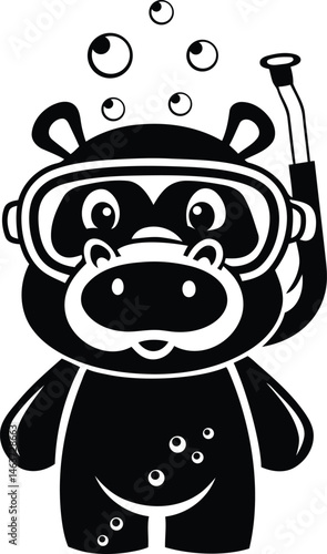 Cartoon style hippo wearing a snorkeling mask and snorkel high quality silhouette vector illustration, cartoon hippo wearing a snorkeling mask and snorkel line art vector design