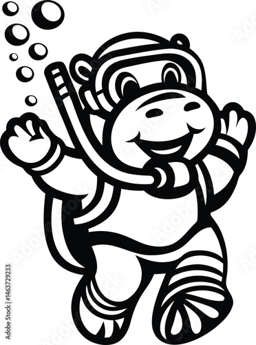 Cartoon style hippo wearing a snorkeling mask and snorkel high quality silhouette vector illustration, cartoon hippo wearing a snorkeling mask and snorkel line art vector design