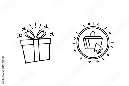 Gift and online shopping icons illustrating holiday presents and e commerce transactions