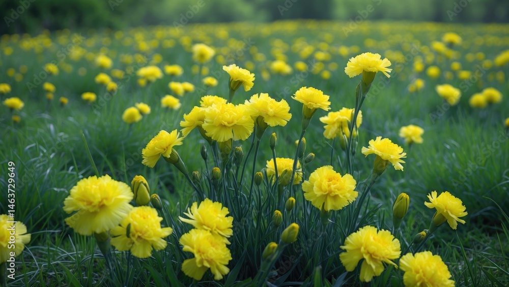 Fototapeta premium Bright Yellow Carnations Flourish in the Nature Photography Meadow
