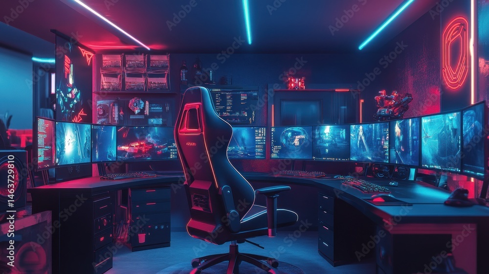 Fototapeta premium High-tech gaming setup with multiple monitors and neon lights