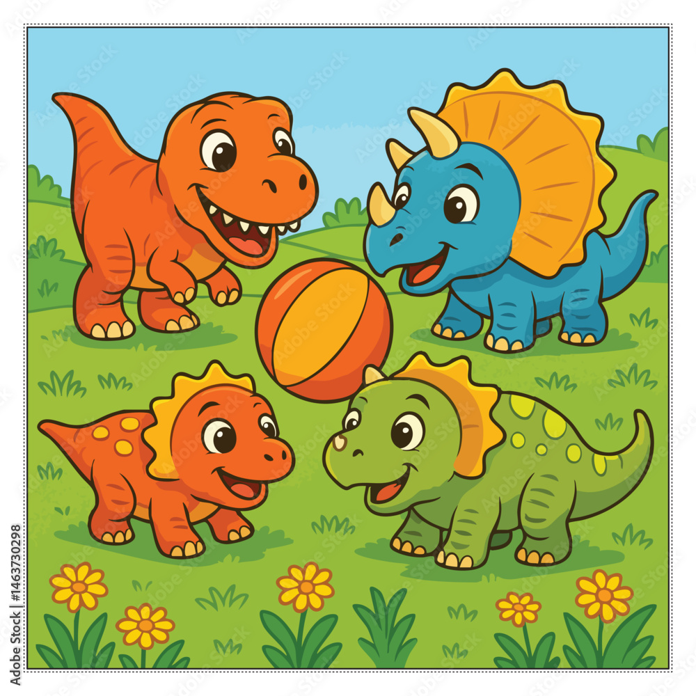 Fototapeta premium Cute Cartoon Dinosaurs Playing Coloring Book Pages and Colored Versions for Kids