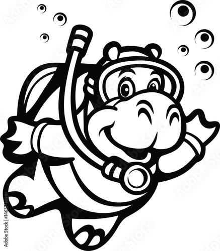 Cartoon style hippo wearing a snorkeling mask and snorkel high quality silhouette vector illustration, cartoon hippo wearing a snorkeling mask and snorkel line art vector design