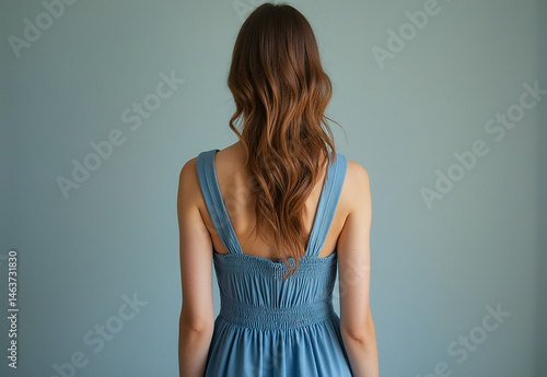 Woman in blue dress view from the back on an isolated background .generative ai
