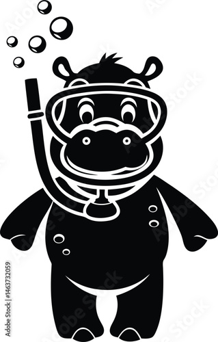 Cartoon style hippo wearing a snorkeling mask and snorkel high quality silhouette vector illustration, cartoon hippo wearing a snorkeling mask and snorkel line art vector design