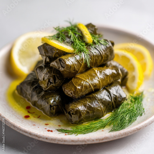 Stuffed grape leaves, vine leaf wraps, dolma, mezze appetizer, rice filling, dill garnish, lemon slices served on rustic plate evoke warm hospitality and Mediterranean charm in food portrait