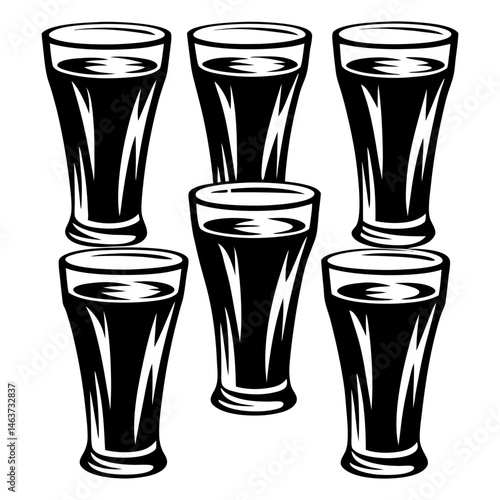 Black and White Illustration of Six Pint Glasses Filled with Liquid
