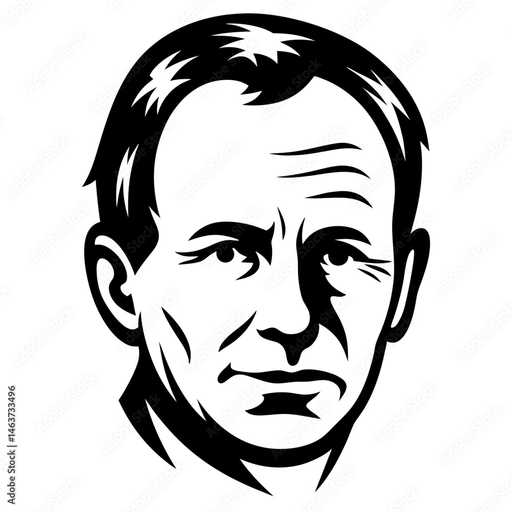 Stylized black and white portrait of a man with a serious expression Stylized black and white portrait of a man with a serious expression