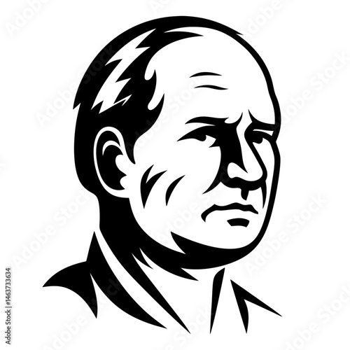 Bold monochrome portrait of a determined man with prominent brow and jowls