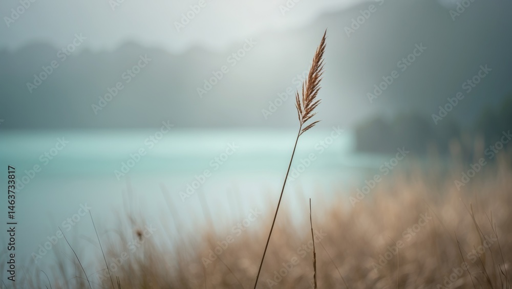 Obraz premium A lone dry grass stalk reaches upward in a calm field, gently moving with the breeze, with tranquil water behind it.