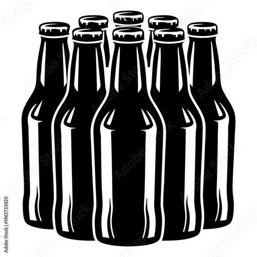 Stylized black and white illustration of a group of beer bottles