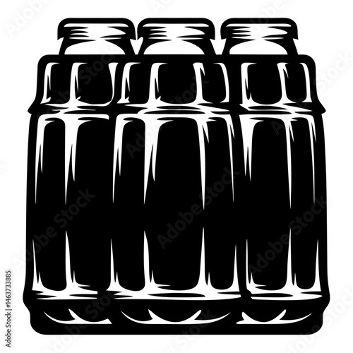 Minimalist Black and White Graphic Illustration of a Six Pack of Bottles