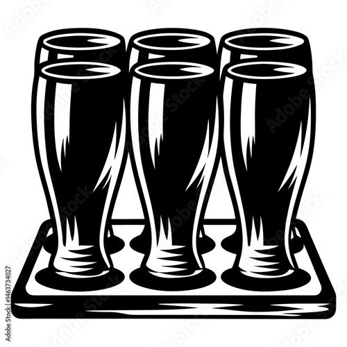 Black and White Illustration of Several Beer Glasses on a Wooden Tray