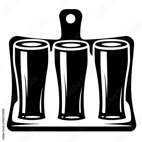 Three beers arranged in a flight on a wooden serving tray