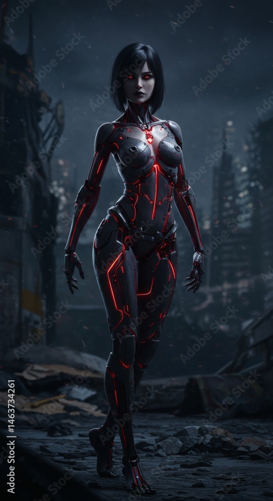 Fototapeta premium Female Android Standing in Dystopian Cityscape with Red Neon Lights