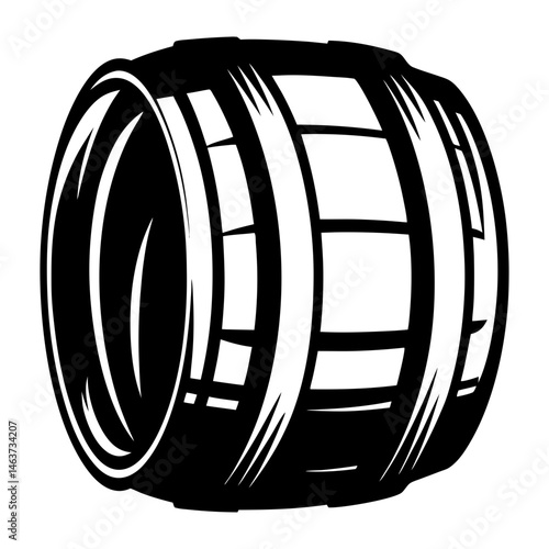 Black and white barrel illustration with staves and metal hoops design