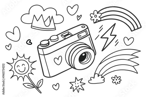 Whimsical Doodle Collection: A charming array of hand-drawn illustrations showcasing a cheerful sun, radiant stars, gentle clouds, a vibrant rainbow, and delicate floral elements.