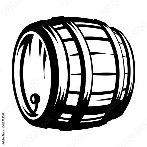 Monochrome illustration of a wooden barrel with a vintage and rustic aesthetic