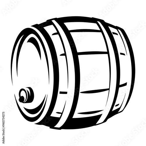 Monochrome illustration of a classic wooden barrel commonly used for storage