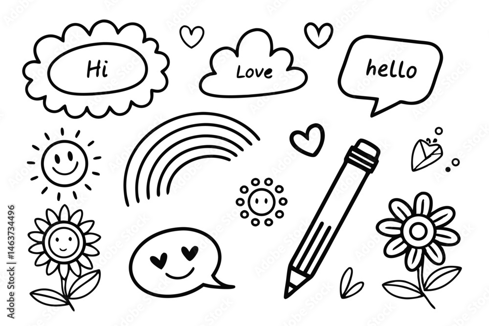 Whimsical Doodle Collection: A charming array of hand-drawn illustrations showcasing a cheerful sun, radiant stars, gentle clouds, a vibrant rainbow, and delicate floral elements. Whimsical Doodle Collection: A charming array of hand-drawn illustrations showcasing a cheerful sun, radiant stars, gentle clouds, a vibrant rainbow, and delicate floral elements.