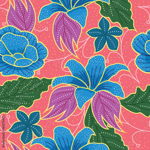 Seamless batik pattern on a warm terracotta background, accented with gold detailing. The design evokes a rich, rustic, and elegant mood