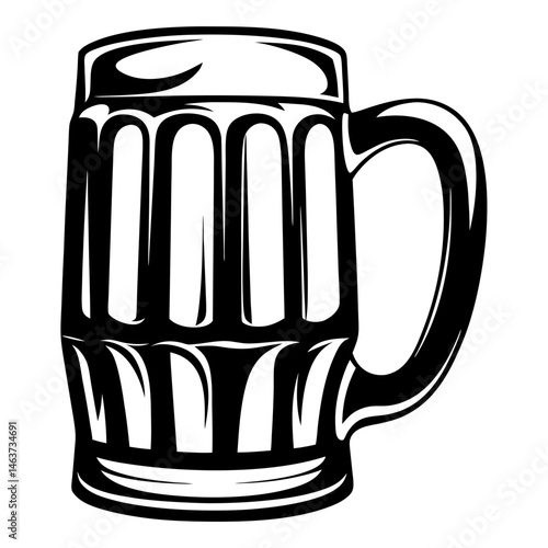 Black and white illustration of a traditional beer stein with handle