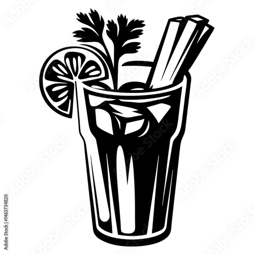 Bold Black and White Illustration of a Refreshing Cocktail with Garnish