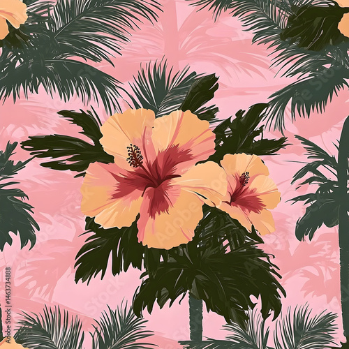 Tropical flower pattern with palm trees on a pink background.