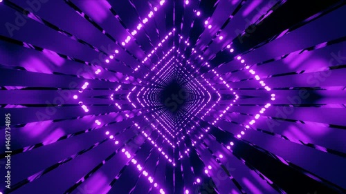 Abstract illustration background of an infinite flipped square-shaped tunnel with purple neon lights