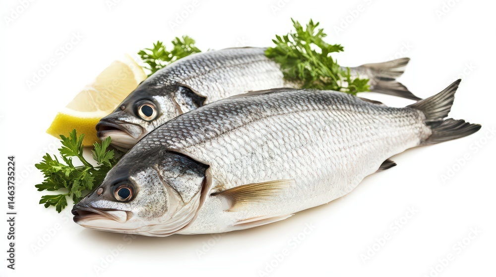 Delicate duo of sea bass with vibrant lemon and parsley garnish presentation Delicate duo of sea bass with vibrant lemon and parsley garnish presentation