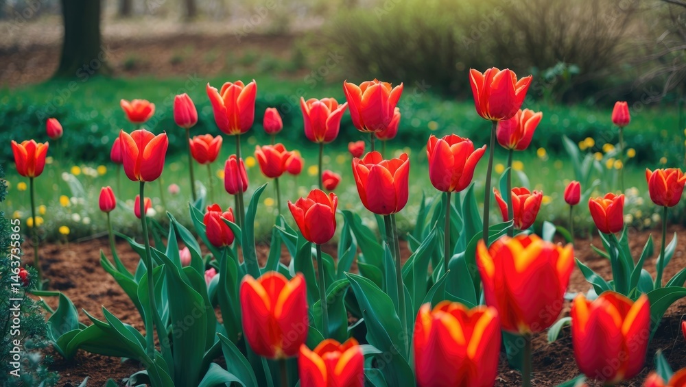 Bright red tulips in a flourishing garden under sunny skies, gently moving with the breeze and adding to the lively atmosphere. Bright red tulips in a flourishing garden under sunny skies, gently moving with the breeze and adding to the lively atmosphere.