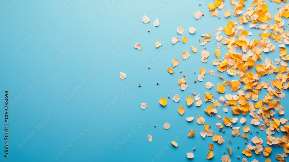 Delicate Floral Arrangement of Yellow and White Petals on Blue Background Delicate Floral Arrangement of Yellow and White Petals on Blue Background