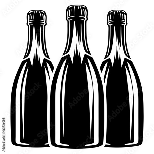 Three stylized black and white champagne bottles ready for a celebration