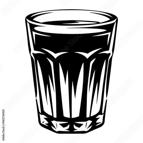 Stylized black and white vector illustration of a full shot glass