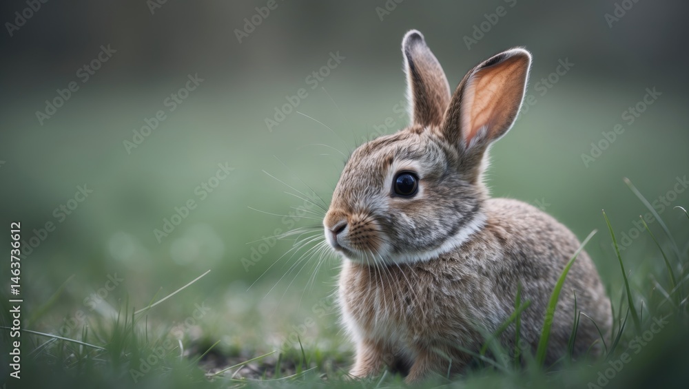 Fototapeta premium Portrait of a cute juvenile rabbit sitting amidst grass in a lush spring setting.