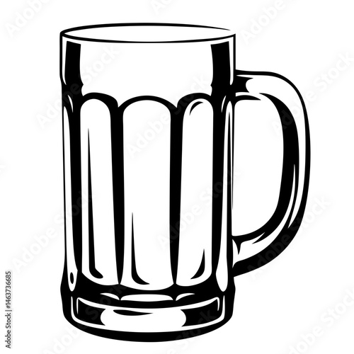 Monochrome illustration of a beer mug with a handle, empty glass