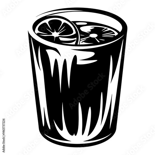 Stylized black and white image of a drink with citrus slices in glass