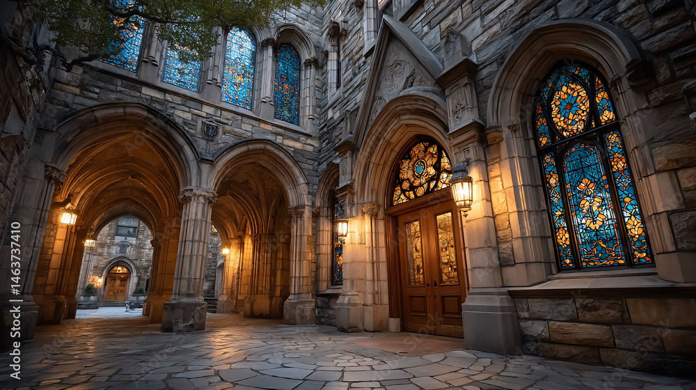 Fototapeta premium Elegant stone cathedral entrance, with colorful stained-glass windows, arched walkways and lights